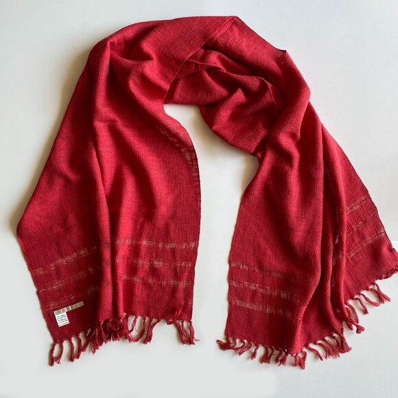 Vtg Perry Ellis Red Linen Cotton Blend Scarf Shawl Wrap Fringe Made in Ireland - Picture 1 of 11